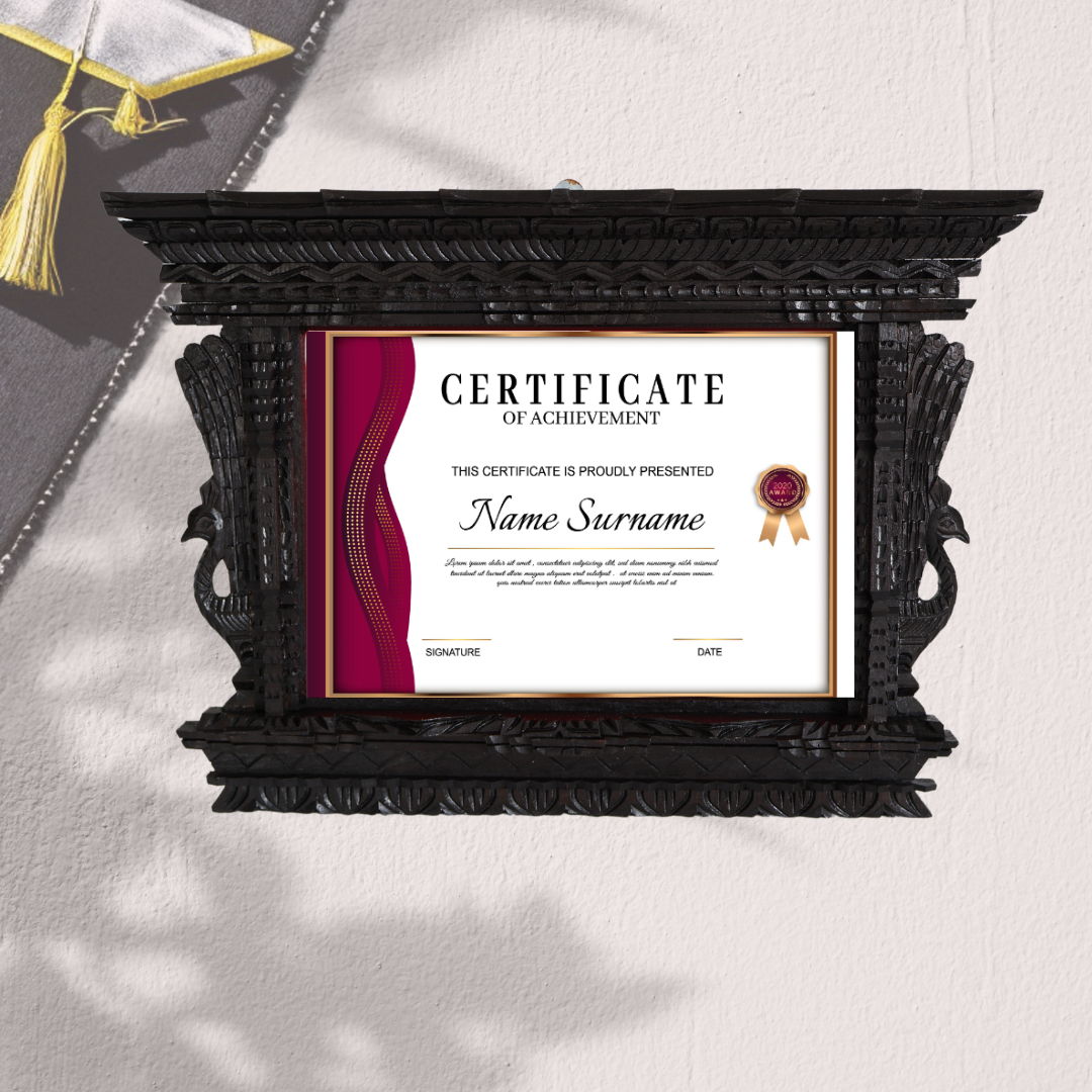 Hand-carved wooden marriage license picture or certificate frame with intricate Nepalese craftsmanship, a unique wedding registry gift / Graduation gift.