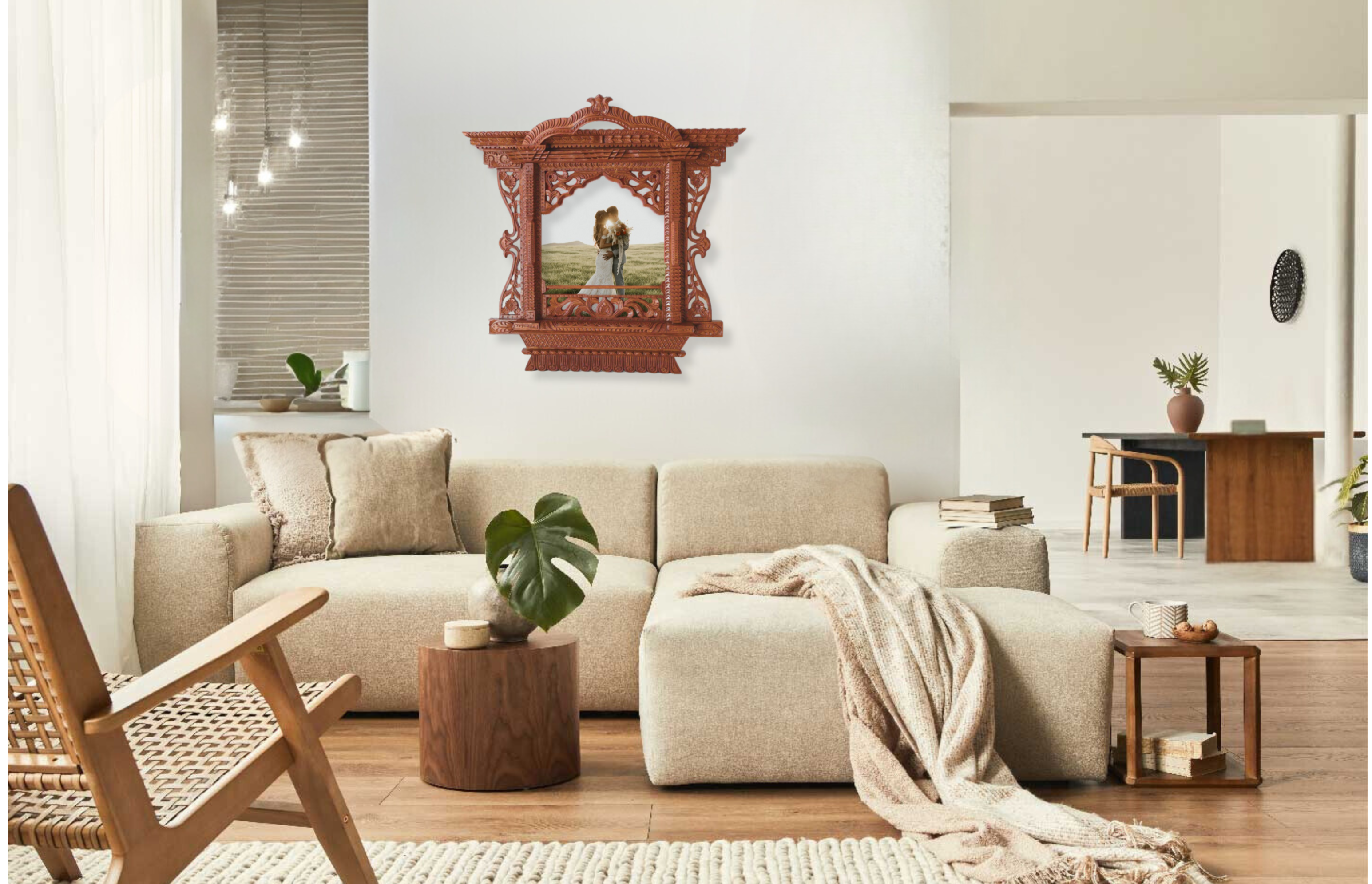 Everest Artisan handcrafted Nepalese wooden frames displayed in a cultural home décor setup.