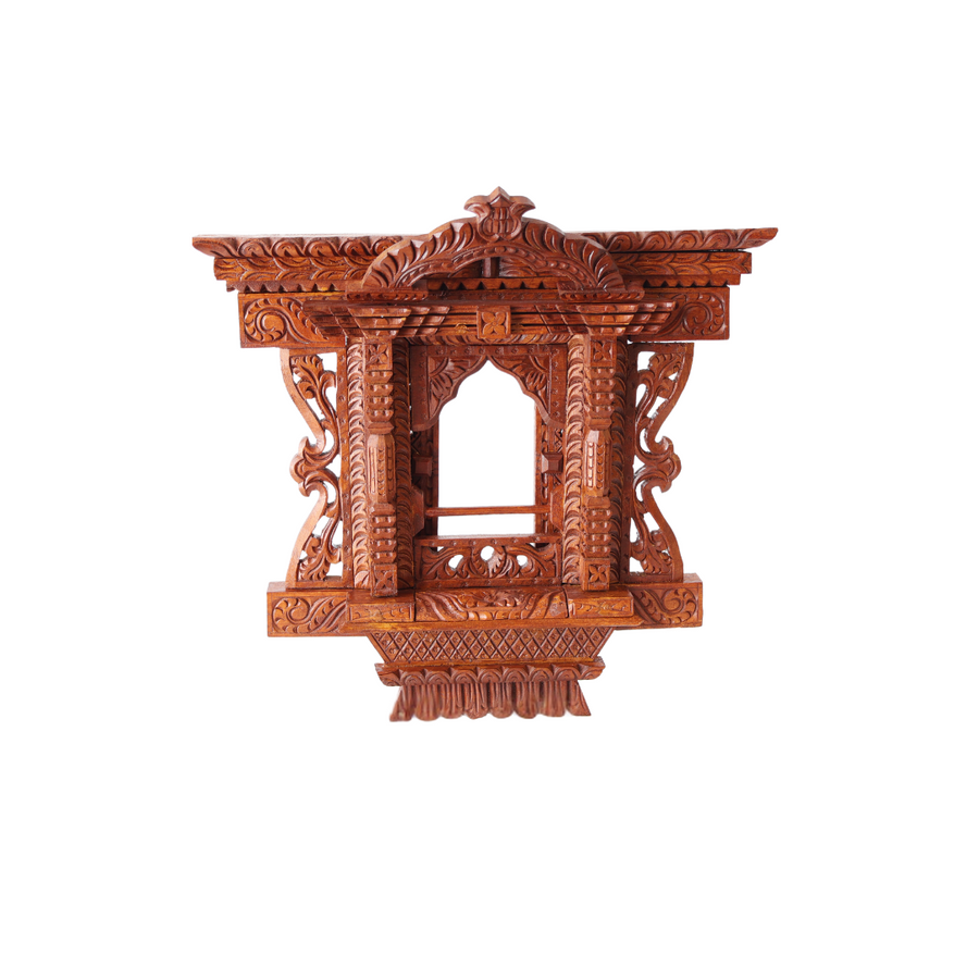 Handcrafted Kumari Jhyal wooden frame with open doors, revealing a display space for photos or artwork in a traditional Nepalese design.
