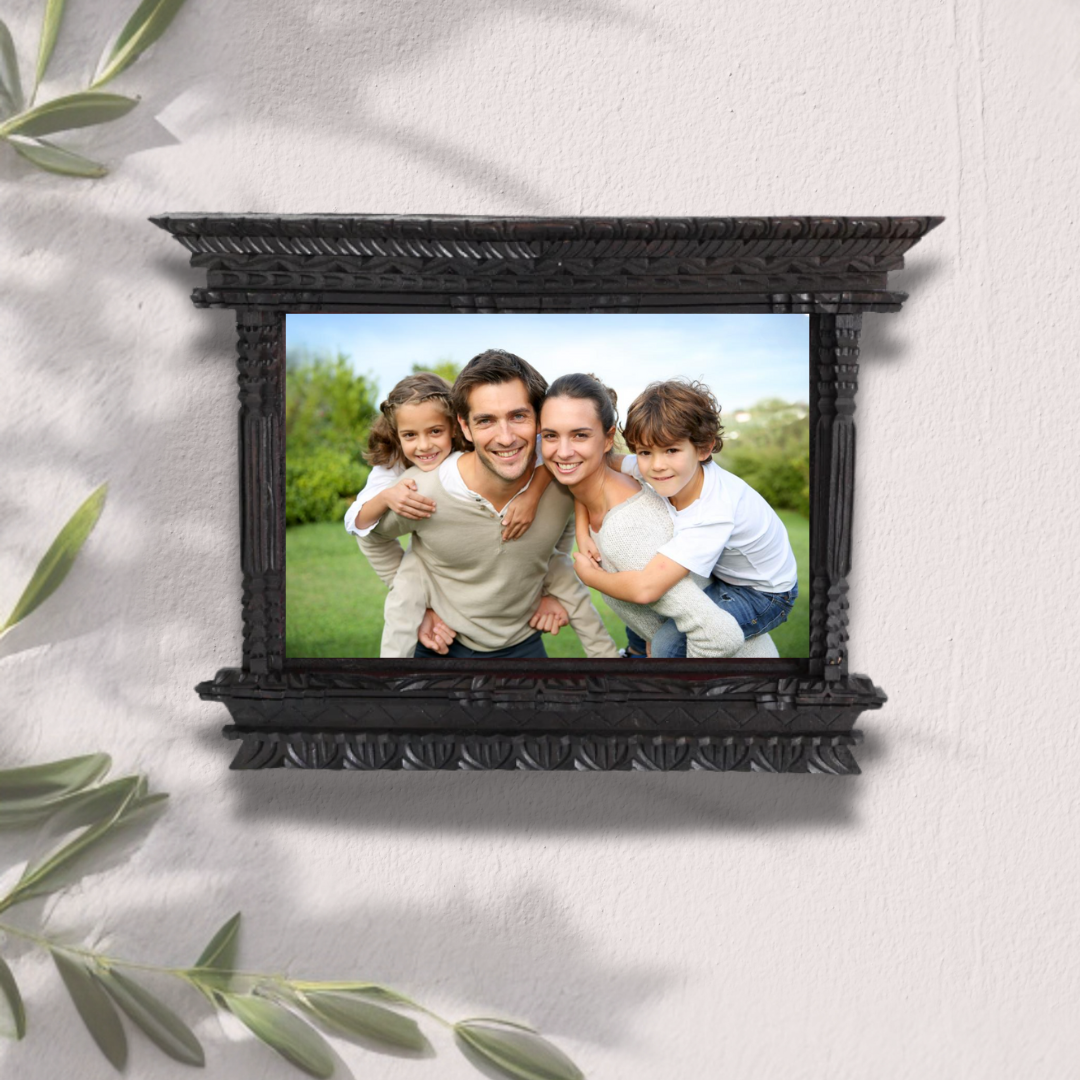 Handcrafted A4 wooden photo frame displaying a family portrait, perfect for professional office décor and home displays.