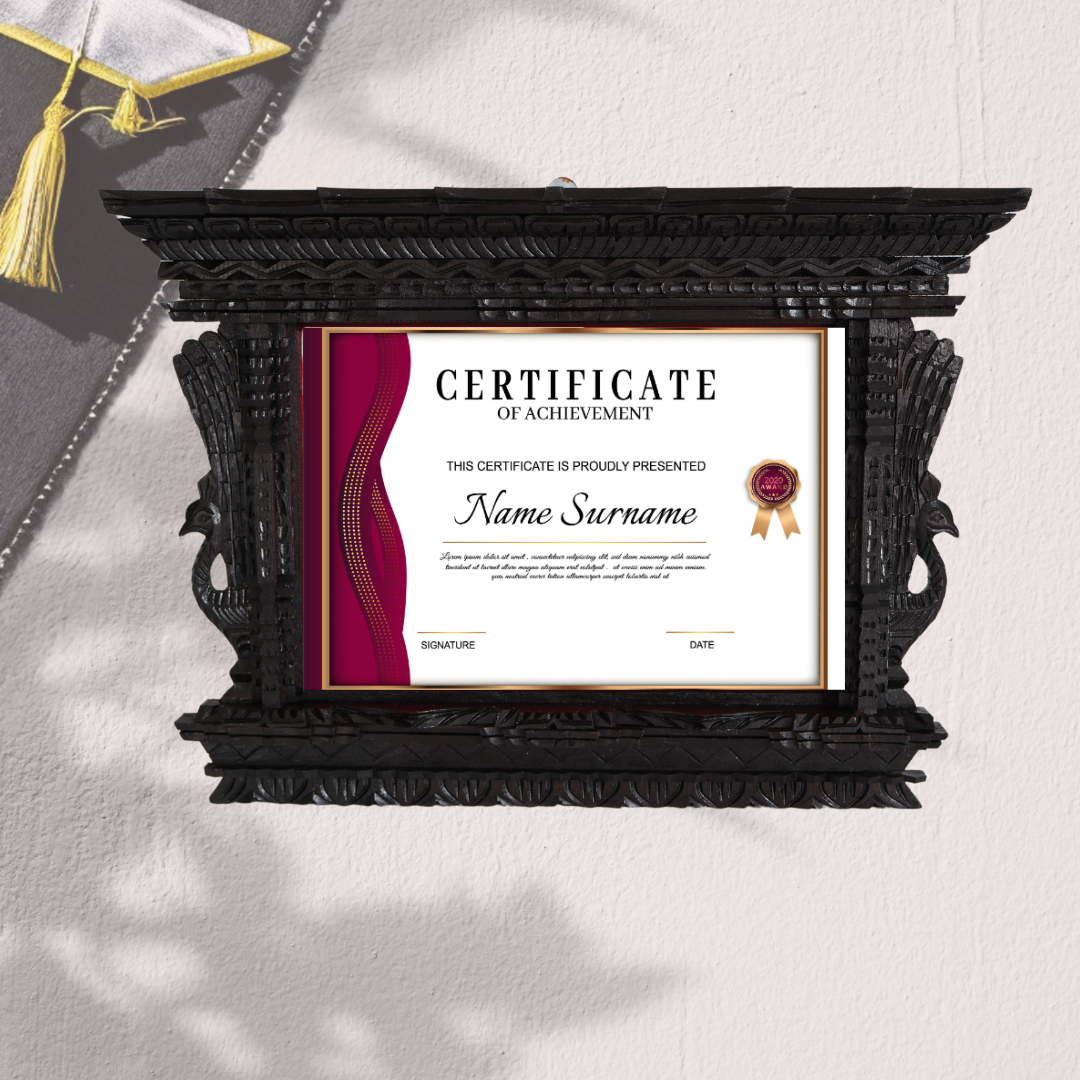 Hand-carved wooden marriage license picture or certificate frame with intricate Nepalese craftsmanship, a unique wedding registry gift / Graduation gift. 