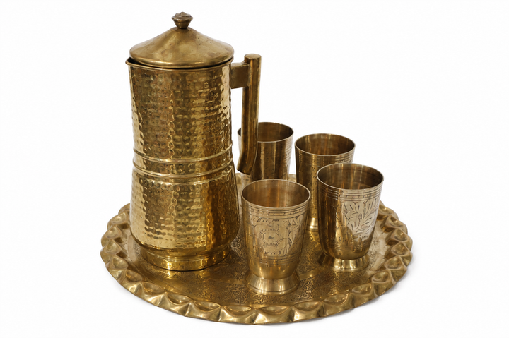 Rare Vintage 6-Piece Handcrafted Solid Brass Lidded Pitcher, Tumbler & Tray Set 