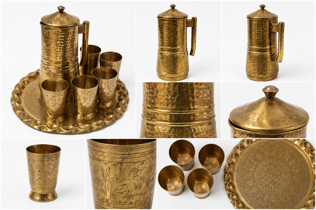 EDITORIAL - Rare Vintage 6-Piece Handcrafted Solid Brass Lidded Pitcher, Tumbler & Tray Set 