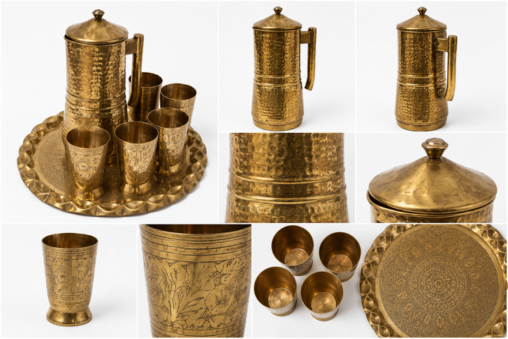 EDITORIAL - Rare Vintage 6-Piece Handcrafted Solid Brass Lidded Pitcher, Tumbler & Tray Set 