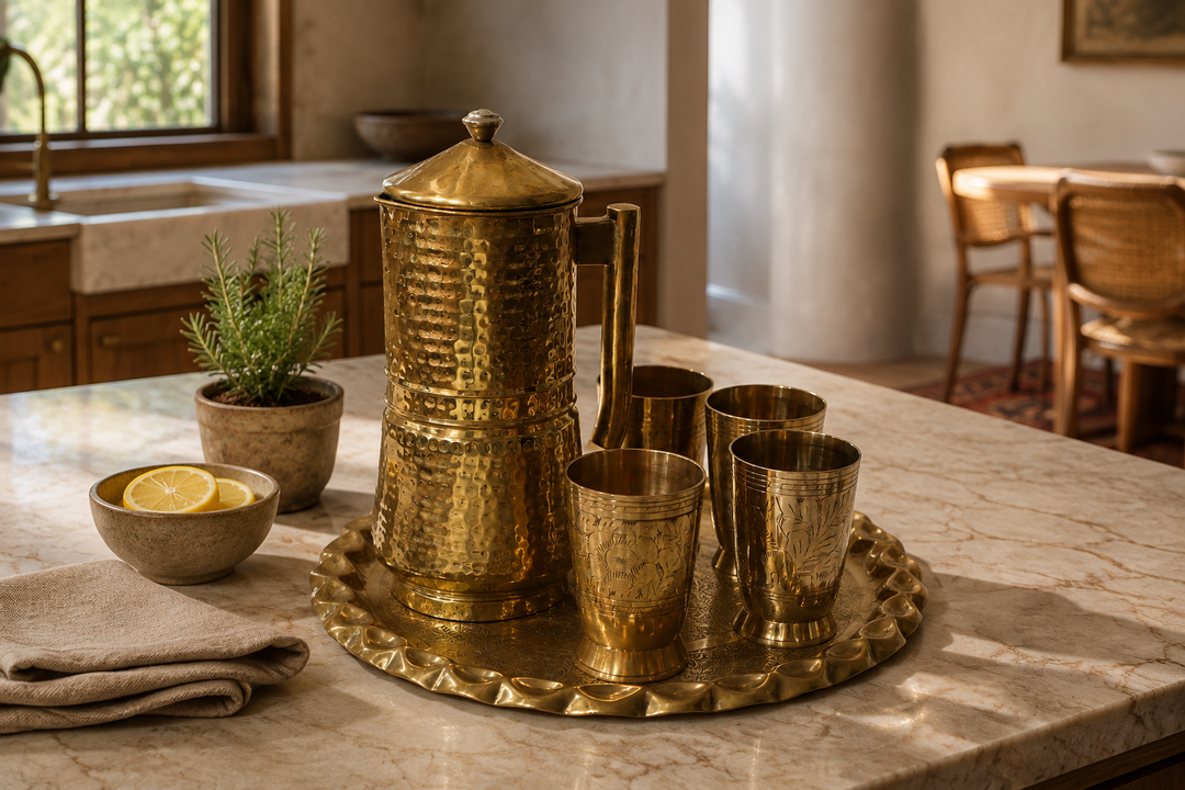 Rare Vintage 6-Piece Handcrafted Solid Brass Lidded Pitcher, Tumbler & Tray Set – for kitchen 