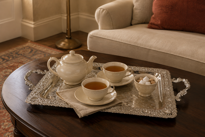Silver-Plated Ornate Serving Tray that has tea on it 