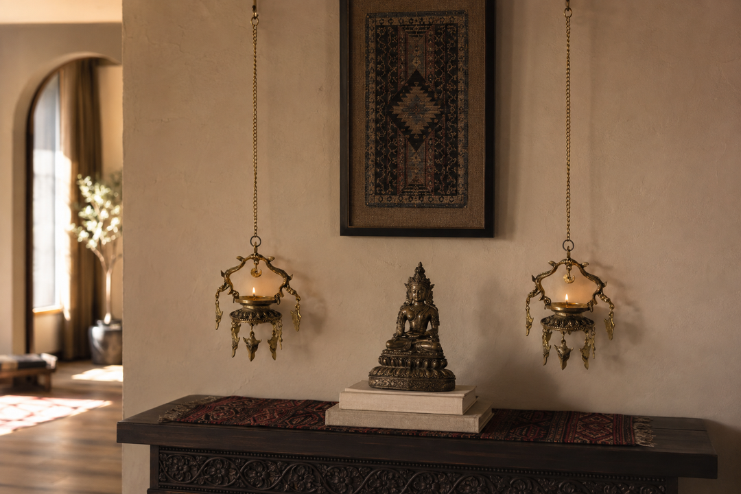 Twin Vintage Brass Oil Lamps in an Entryway 
