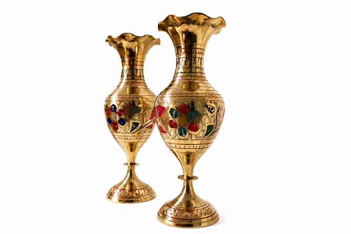 Vintage Hand-Etched Enamel Solid Brass Trumpet Vase