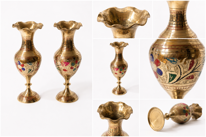 Vintage Hand-Etched Enamel Solid Brass Trumpet Vase