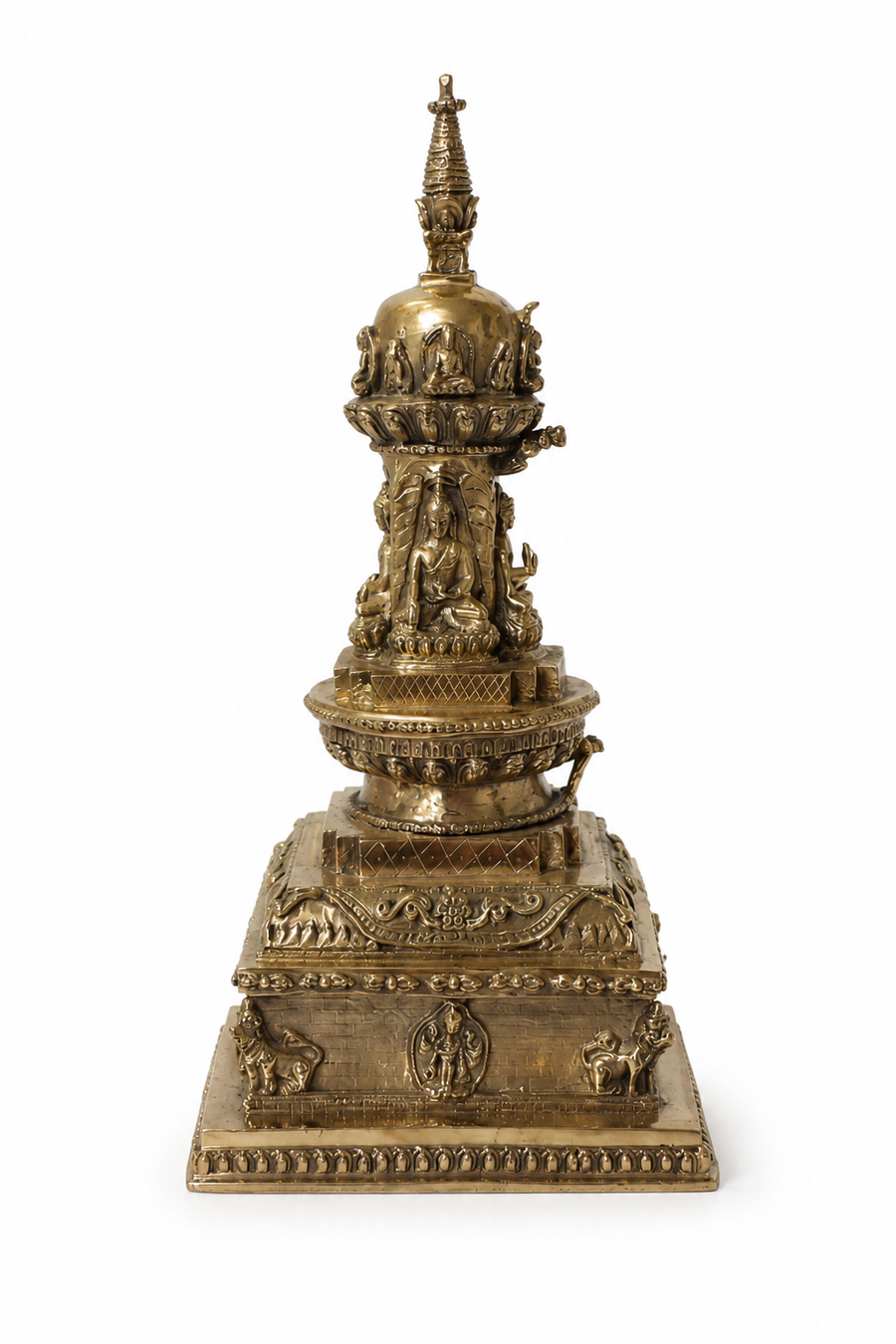 Vintage Nepalese Solid Brass Buddhist Stupa (Chaitya) – 13" Sacred Sculpture