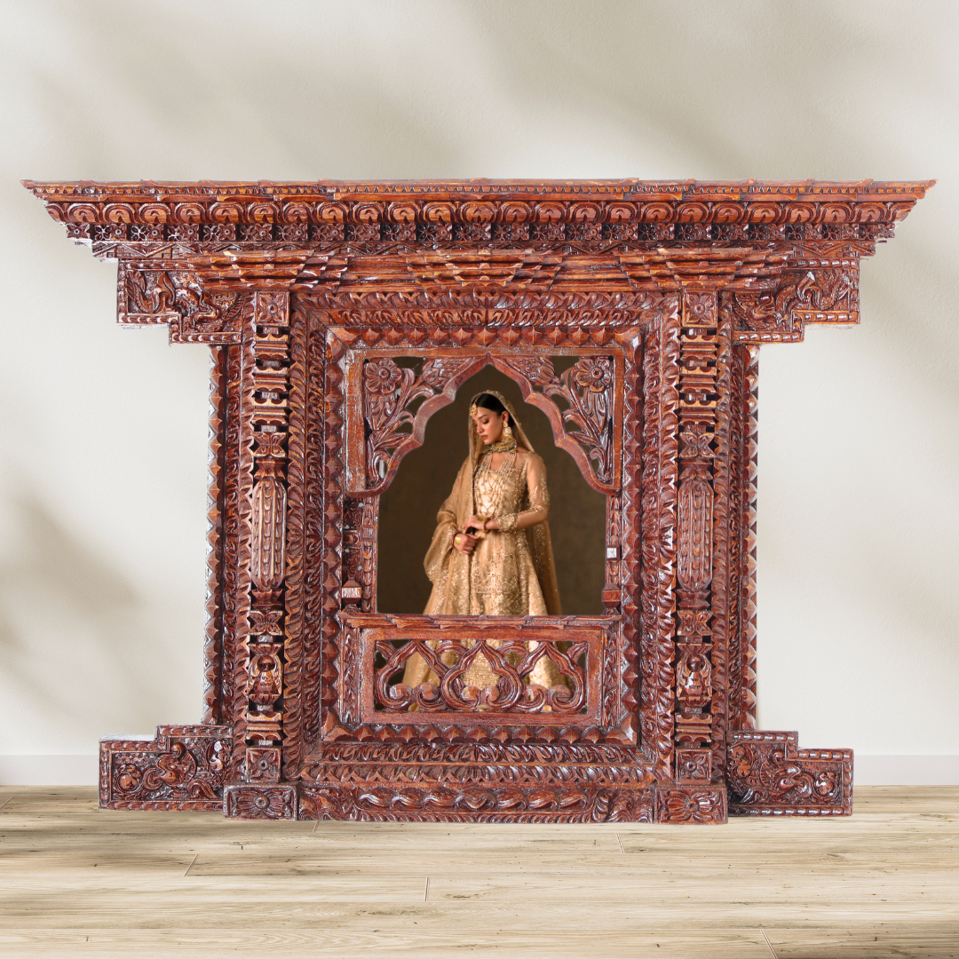 Handcrafted Kumari Jhyal wooden frame displaying a bride’s portrait, perfect for elegant wedding décor and keepsakes