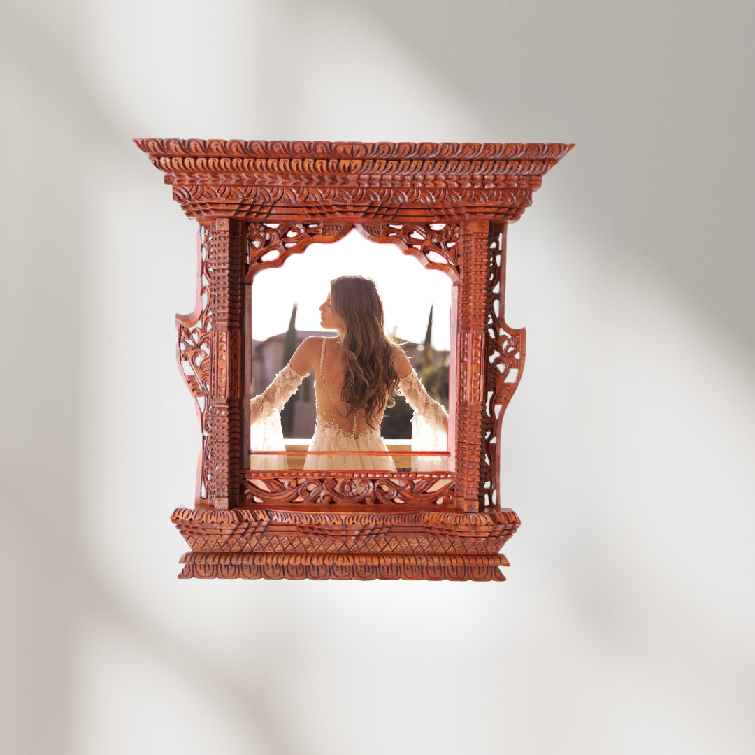 Handcrafted Royal Arch wooden frame displaying a bride’s portrait, perfect for elegant wedding décor and keepsakes.