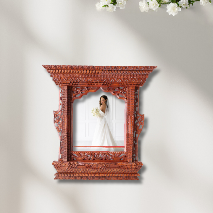 Beautiful artisan wooden frame featuring a bride’s side-profile photo, blending Nepalese craftsmanship with timeless wedding elegance.