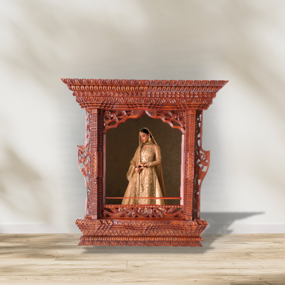 Elegant Nepalese wooden frame with intricate carvings, featuring an artistic bridal portrait for a luxurious wedding display.