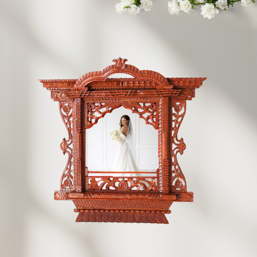 Beautiful artisan wooden frame featuring a bride’s side-profile photo, blending Nepalese craftsmanship with timeless wedding elegance.