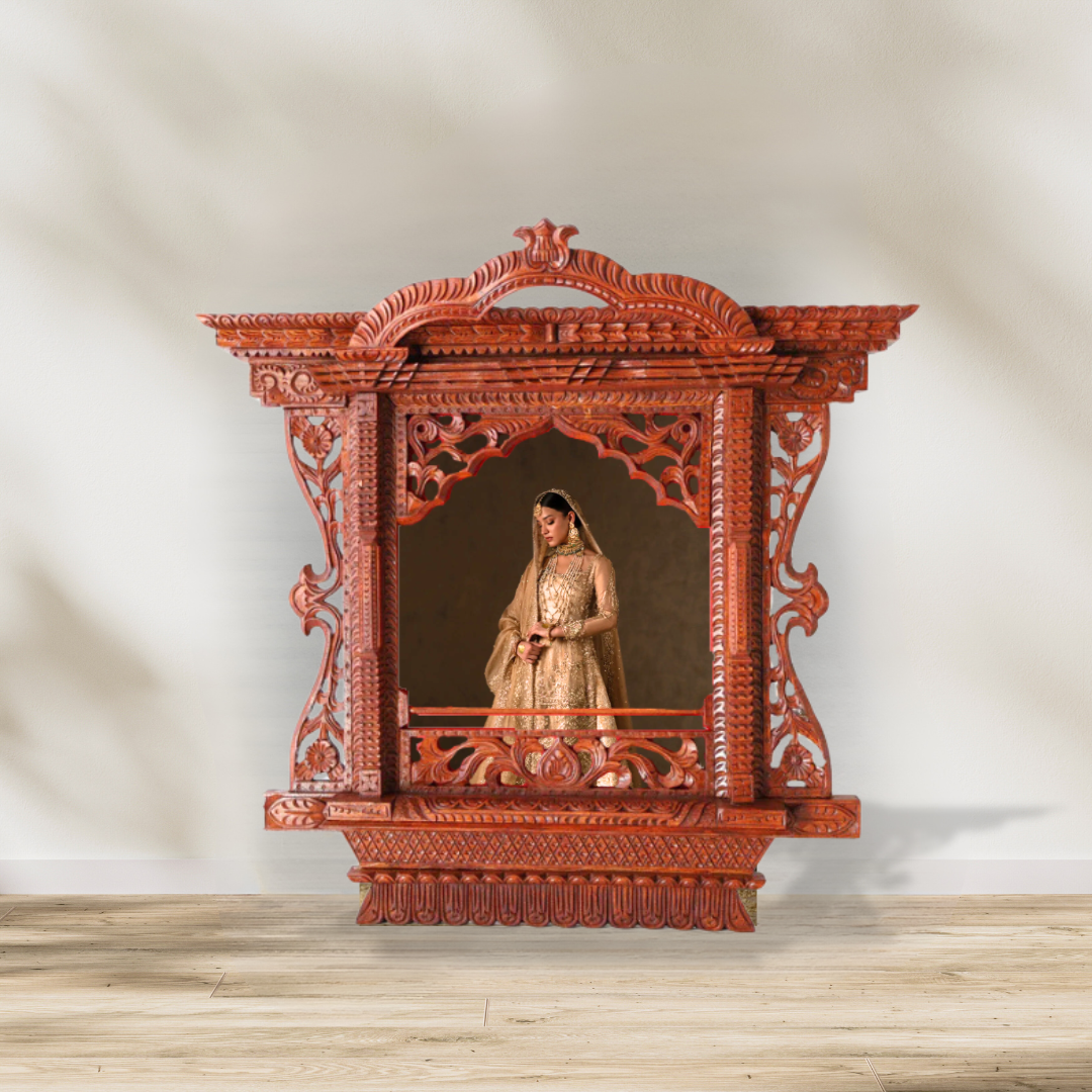 Intricately carved Royal Kumari Window wooden frame showcasing an artistic bridal portrait, ideal for wedding gifts and cultural décor.