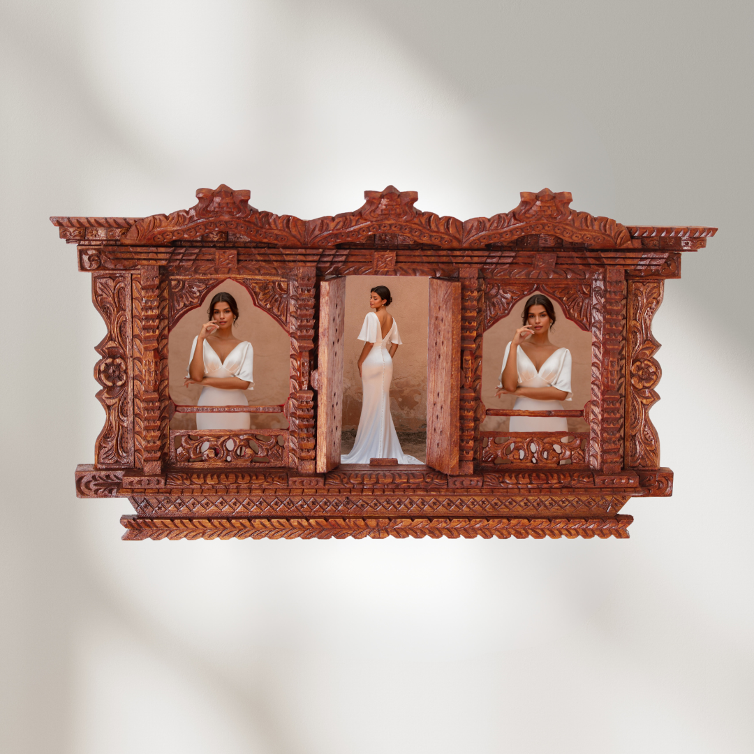 Handcrafted Sacred Window Trilogy wooden frame displaying a bride’s portrait, a perfect wedding keepsake and cultural home décor piece.