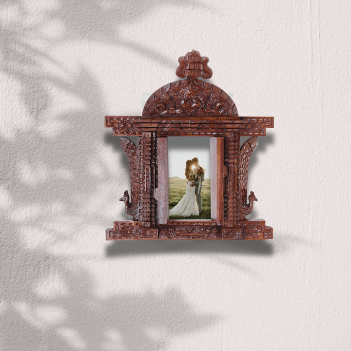 Handcrafted wooden frame displaying a romantic couple's photo, ideal for weddings and anniversaries.