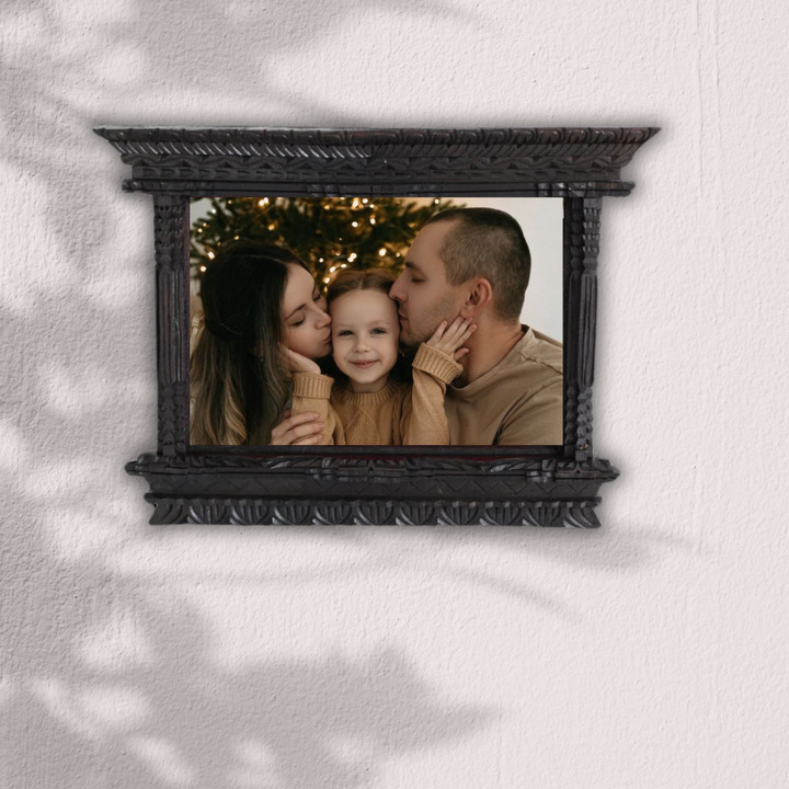 Handcrafted A4 wooden photo frame displaying a family portrait, perfect for professional office décor and home displays.