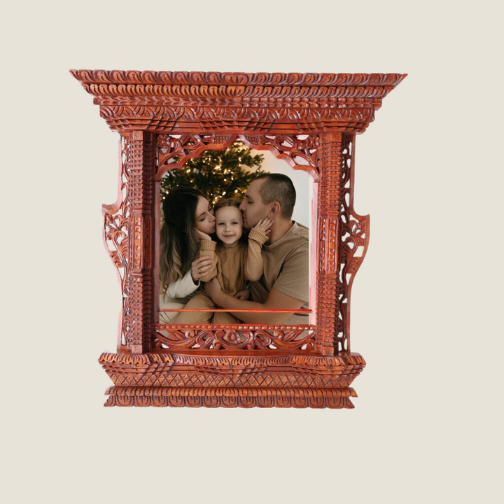 Handcrafted Nepalese wooden frame displaying a family portrait, blending cultural heritage with modern home décor.