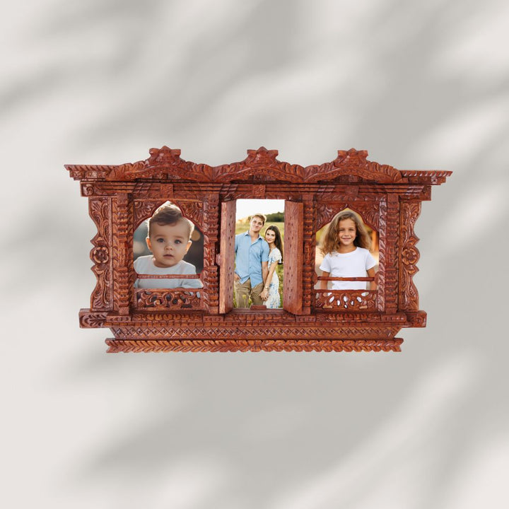 Elegant Nepalese Sacred Window Trilogy wooden frame showcasing a family photo, celebrating tradition, love, and heritage-inspired décor.