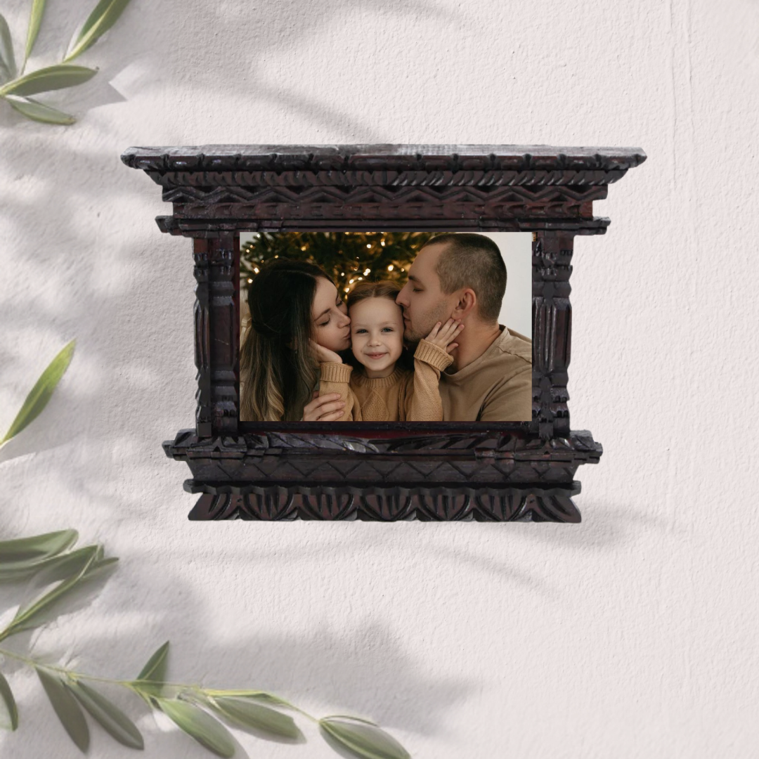 Handcrafted  wooden photo frame displaying a family portrait, perfect for professional office décor and home displays.