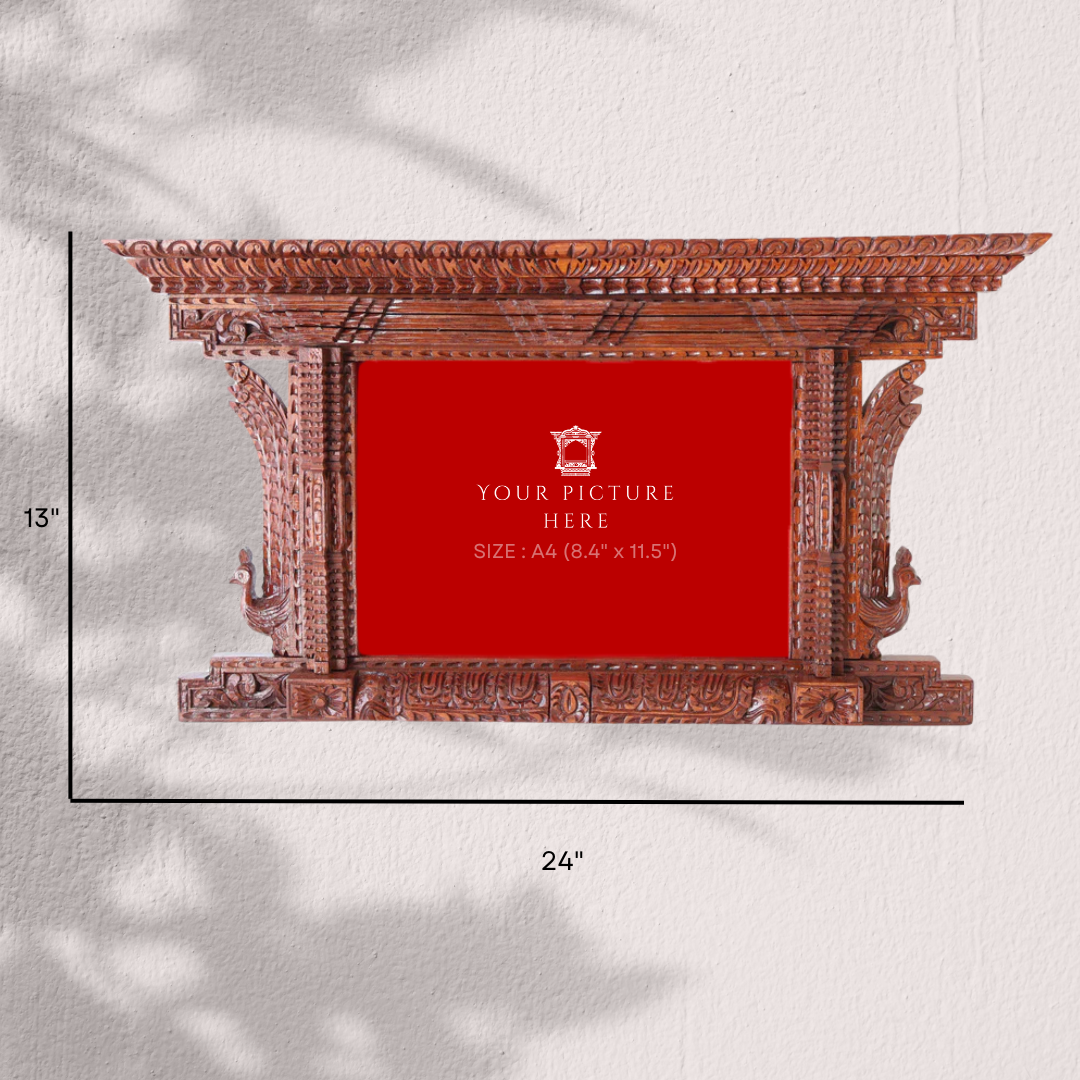 Detailed dimensions of the Grand Artisan Peacock wooden frame, designed for A4 certificates and artistic home décor.