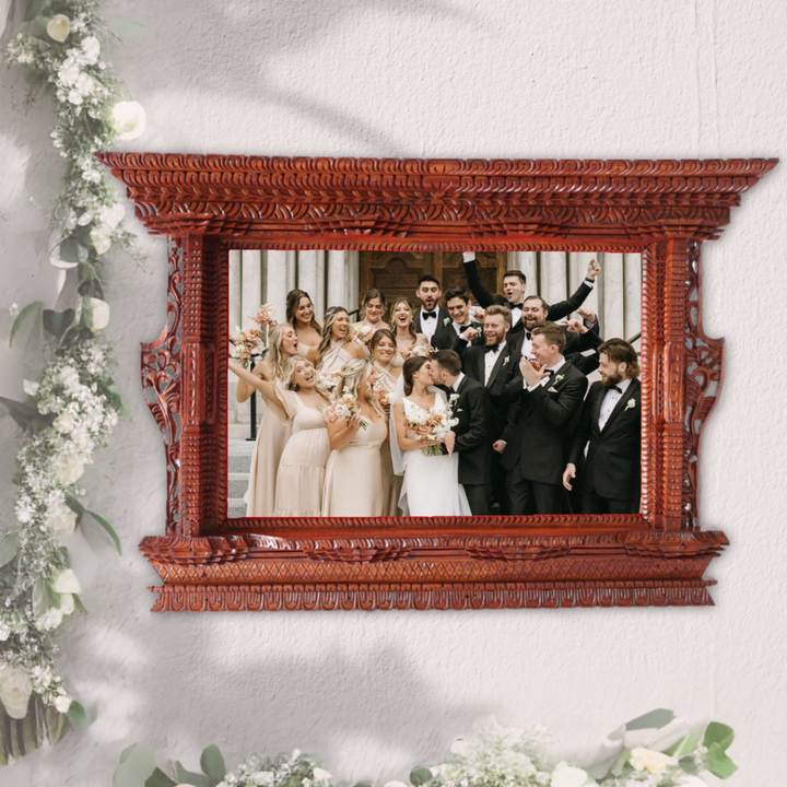 Elegant handcrafted wooden frame featuring a group wedding photo, perfect for preserving wedding memories with artistic craftsmanship.