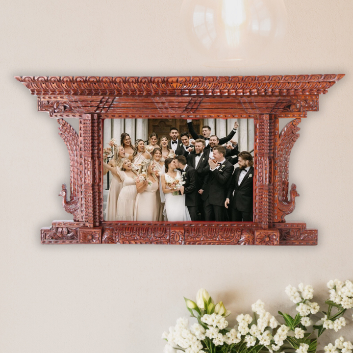 Elegant handcrafted wooden frame featuring a group wedding photo, perfect for preserving wedding memories with artistic craftsmanship.