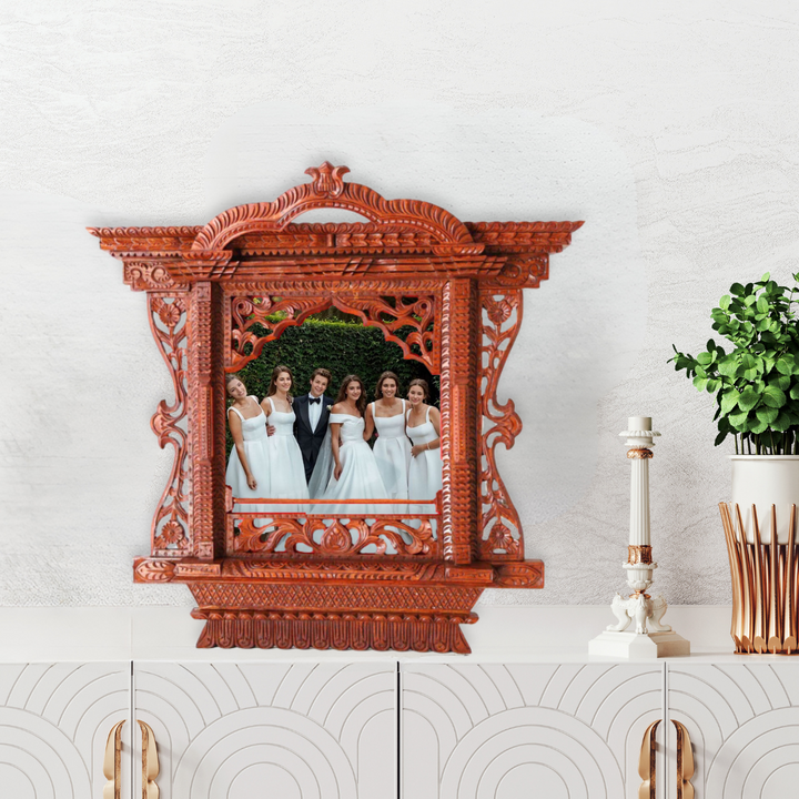 Elegant Royal Kumari Window wooden frame showcasing a group wedding photo, preserving special moments with traditional craftsmanship