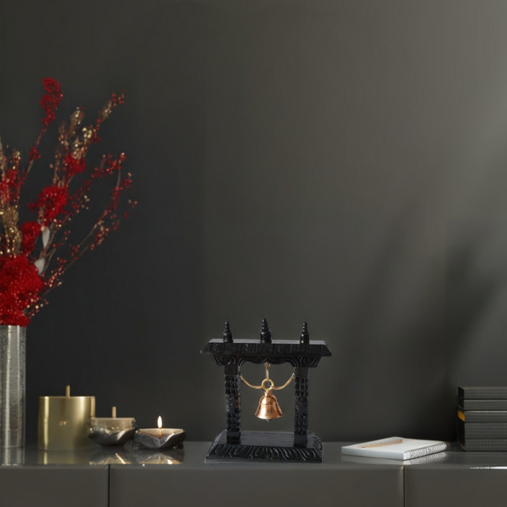 Beautiful brass hanging bell displayed in a meditation corner, blending tradition with mindfulness and relaxation."