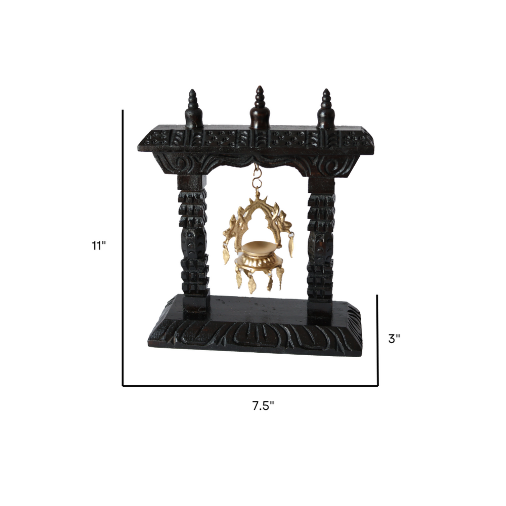 Detailed dimensions of the Heritage Panas Light wooden frame, featuring intricate carvings and a brass lamp for soft illumination.