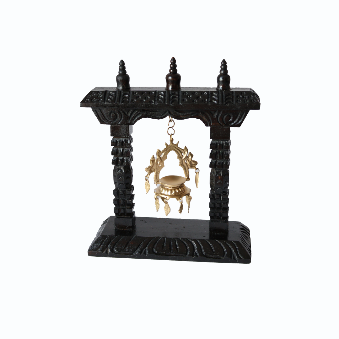 Heritage Panas handcrafted wooden frame with an elegant brass Panas lamp, perfect for meditation and cultural home décor.