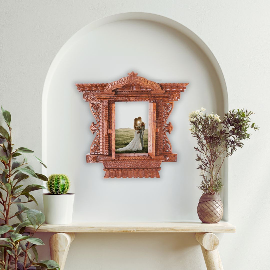 Beautiful Nepalese wooden frame with an open/close door design, featuring a couple kissing, perfect for romantic wedding memories.