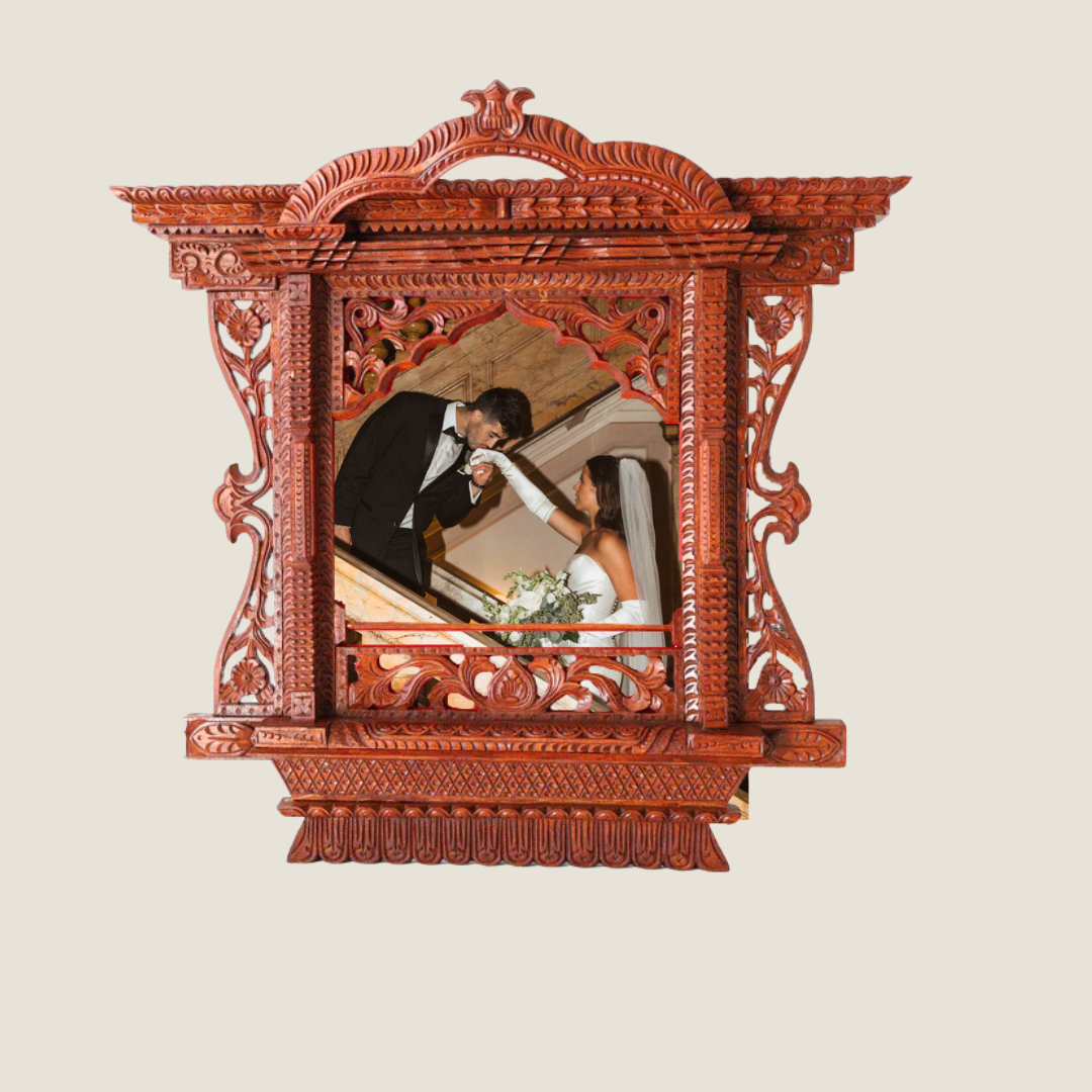 Handmade Nepalese wooden frame displaying a couple kissing, ideal for romantic wedding keepsakes or anniversary gifts.