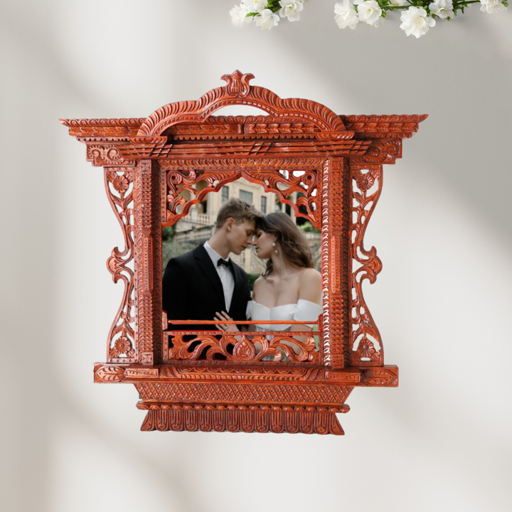 Handmade Nepalese wooden frame displaying a couple kissing, ideal for romantic wedding keepsakes or anniversary gifts