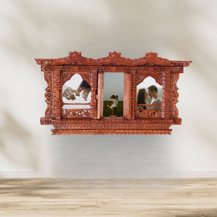 Beautiful Nepalese wooden frame with an open/close door design that stores 3 phtoto, featuring a couple kissing, perfect for romantic wall displays.