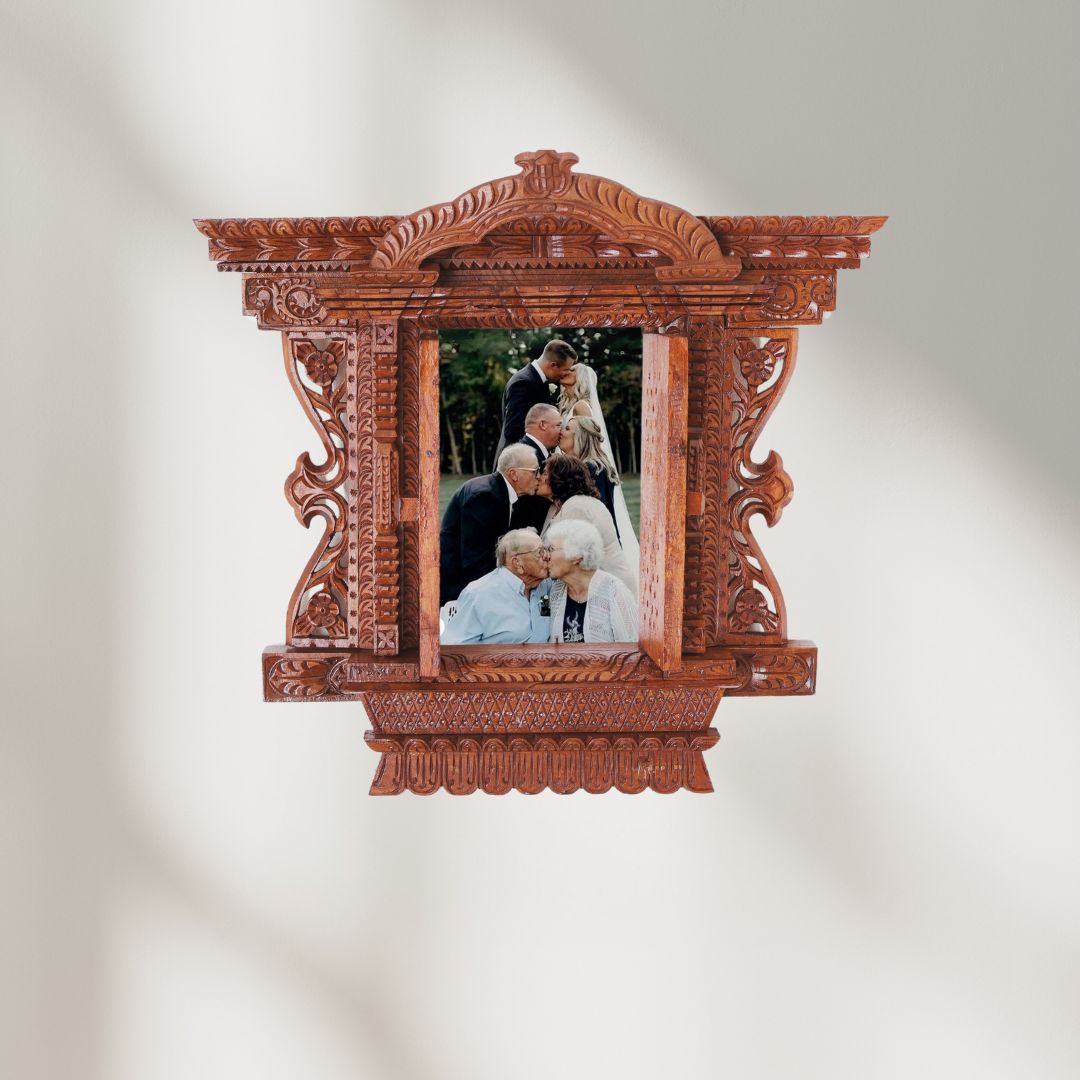 Beautiful Nepalese wooden frame with an open/close door design, featuring a couple's kissing, perfect for romantic wedding memories.