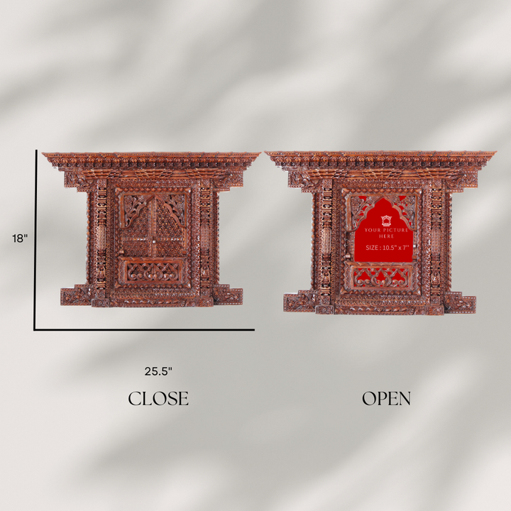 "Detailed dimensions of the Kumari Jhyal handcrafted wooden frame with an open/close door feature, perfect for unique wall displays.