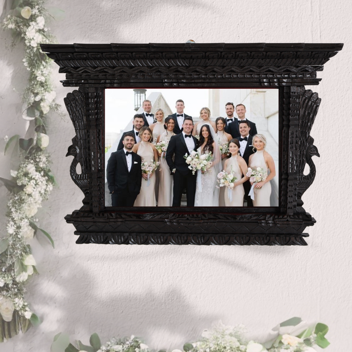 Handcrafted A4 wooden frame displaying a group wedding photo, perfect as a marriage license picture frame as well or wedding keepsake.