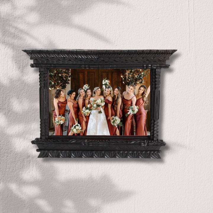 Handcrafted A4 wooden frame displaying a wedding photo, perfect as a marriage license picture frame or wedding keepsake.