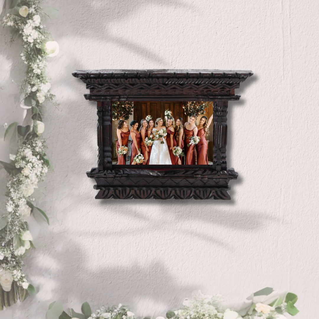 Handcrafted A4 wooden frame displaying a wedding photo, perfect as a marriage license picture frame or wedding keepsake.