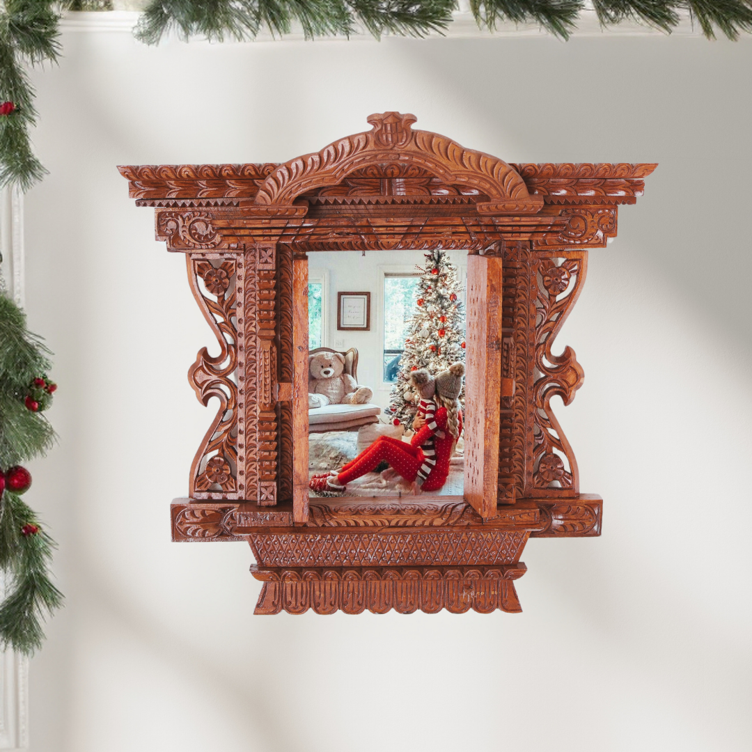 Intricately carved Kumari Jhyal wooden frame showcasing a portrait photo of mom and baby, highlighting Nepalese artistry and timeless home décor.