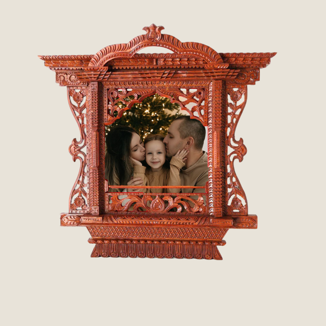 Handmade Nepalese wooden frame displaying a couple kissing, ideal for romantic wedding keepsakes or anniversary gifts.