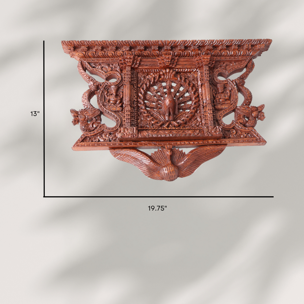 Detailed dimensions of the Peacock Handicraft wooden carving, showcasing its size and traditional Nepalese craftsmanship.