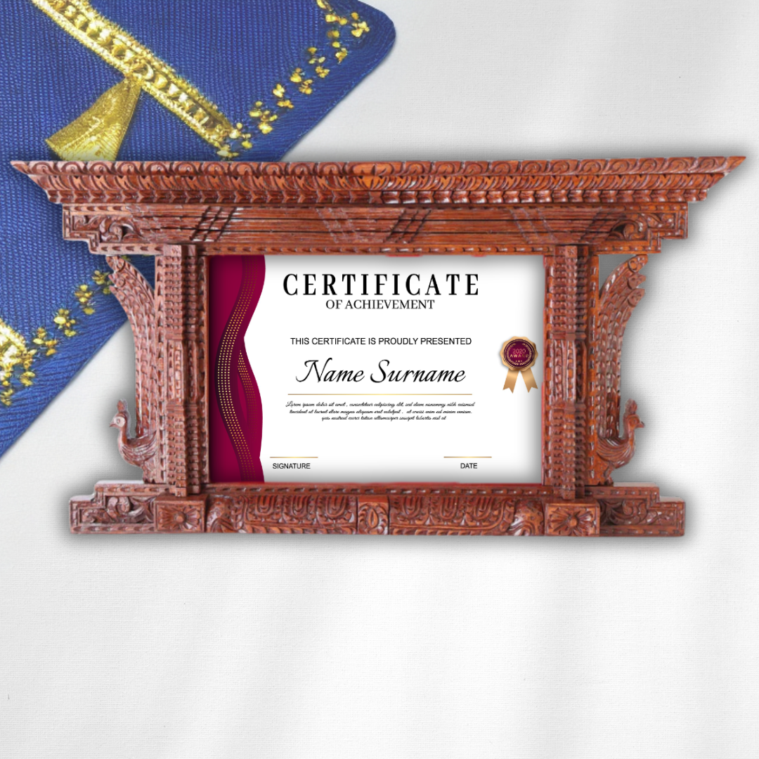 Grand Artisan Peacock wooden frame displaying a certificate alongside a photo, ideal for diplomas, awards, and professional achievements.