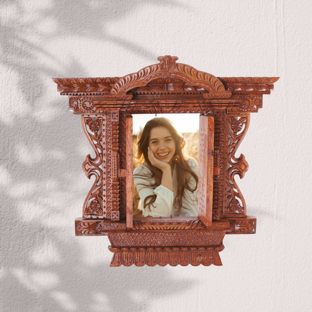 Intricately carved Kumari Jhyal wooden frame showcasing a portrait photo, highlighting Nepalese artistry and timeless home décor.