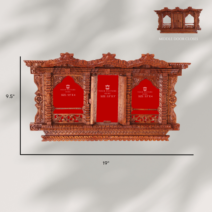 Detailed dimensions of the Sacred Window Trilogy handcrafted wooden frame with an open/close door feature, perfect for heritage wall displays.