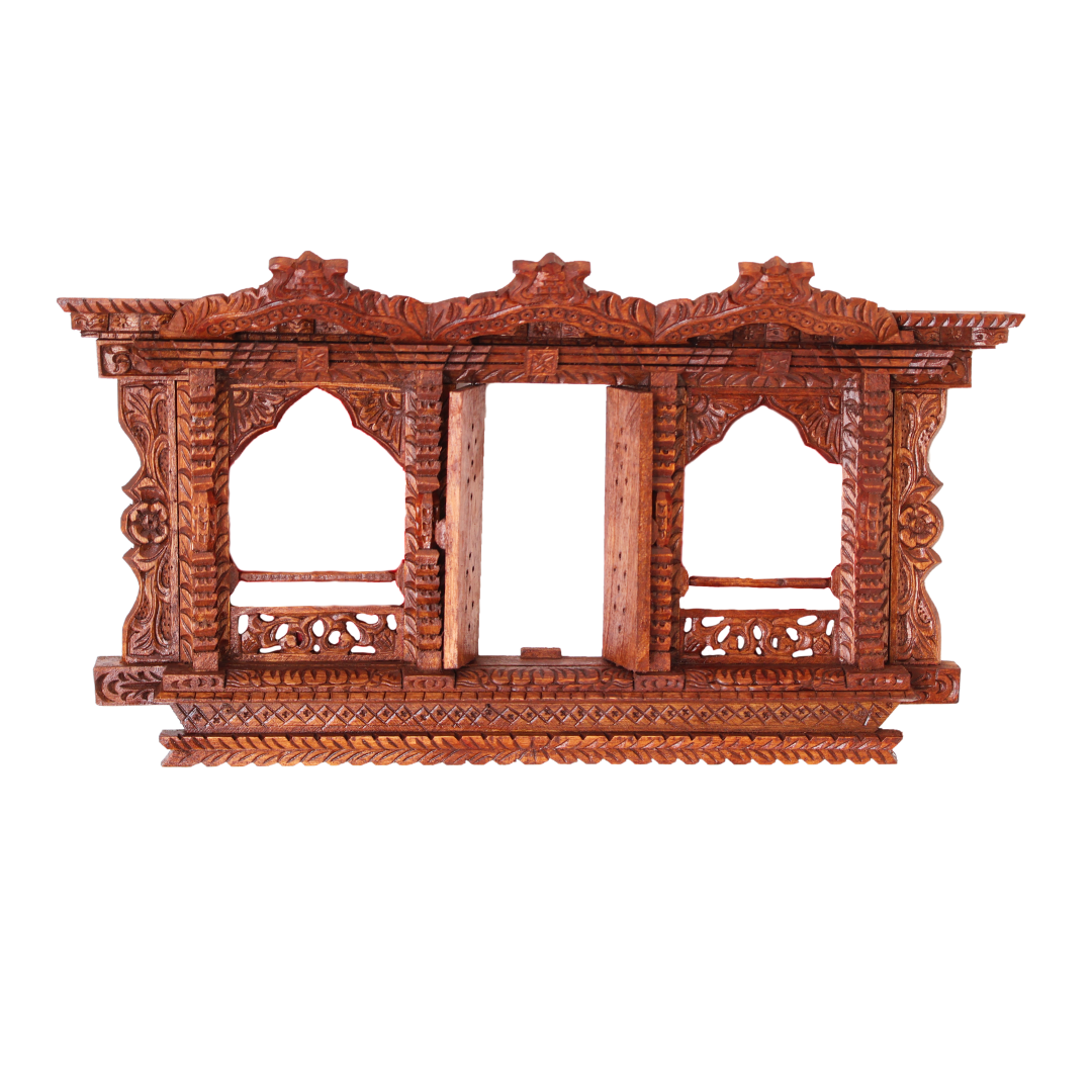 Handcrafted Sacred Window Trilogy wooden frame with open doors, revealing three sections for displaying photos or artwork in Nepalese style.