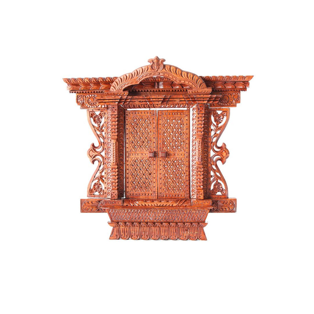 Traditional Nepalese Kumari Jhyal wooden frame with intricately carved closed doors, a perfect heritage décor piece.